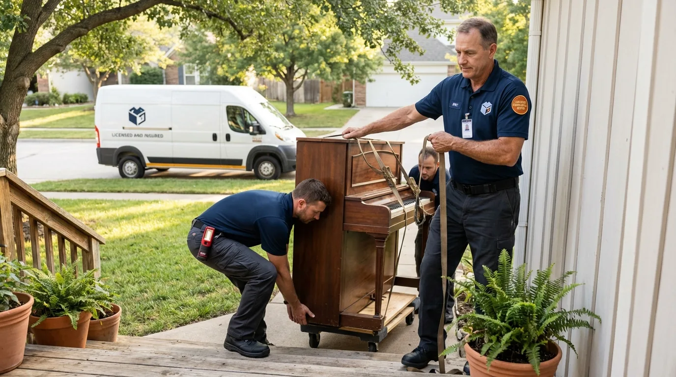 Licensed piano movers securing grand piano in Coalville, UT