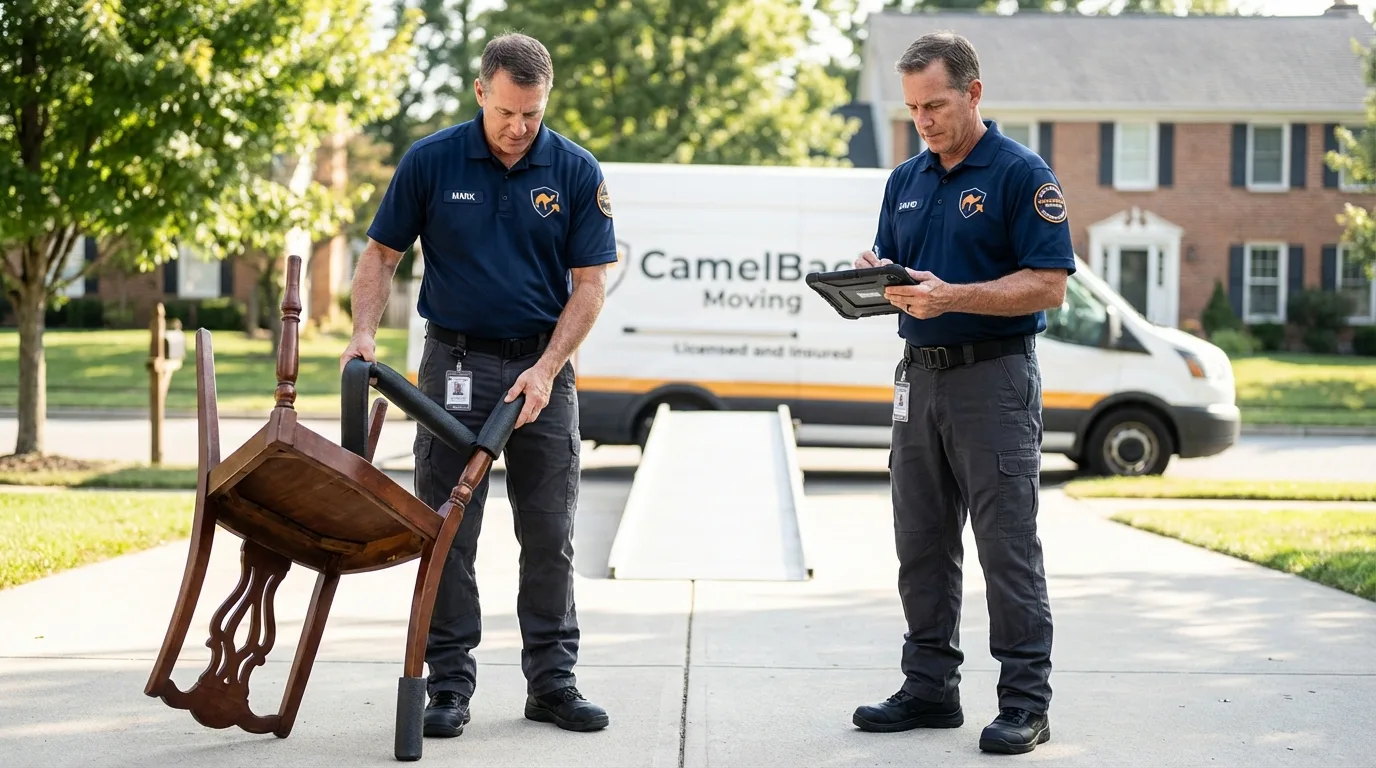 Movers inspecting furniture for damage prevention before loading in Coalville, UT