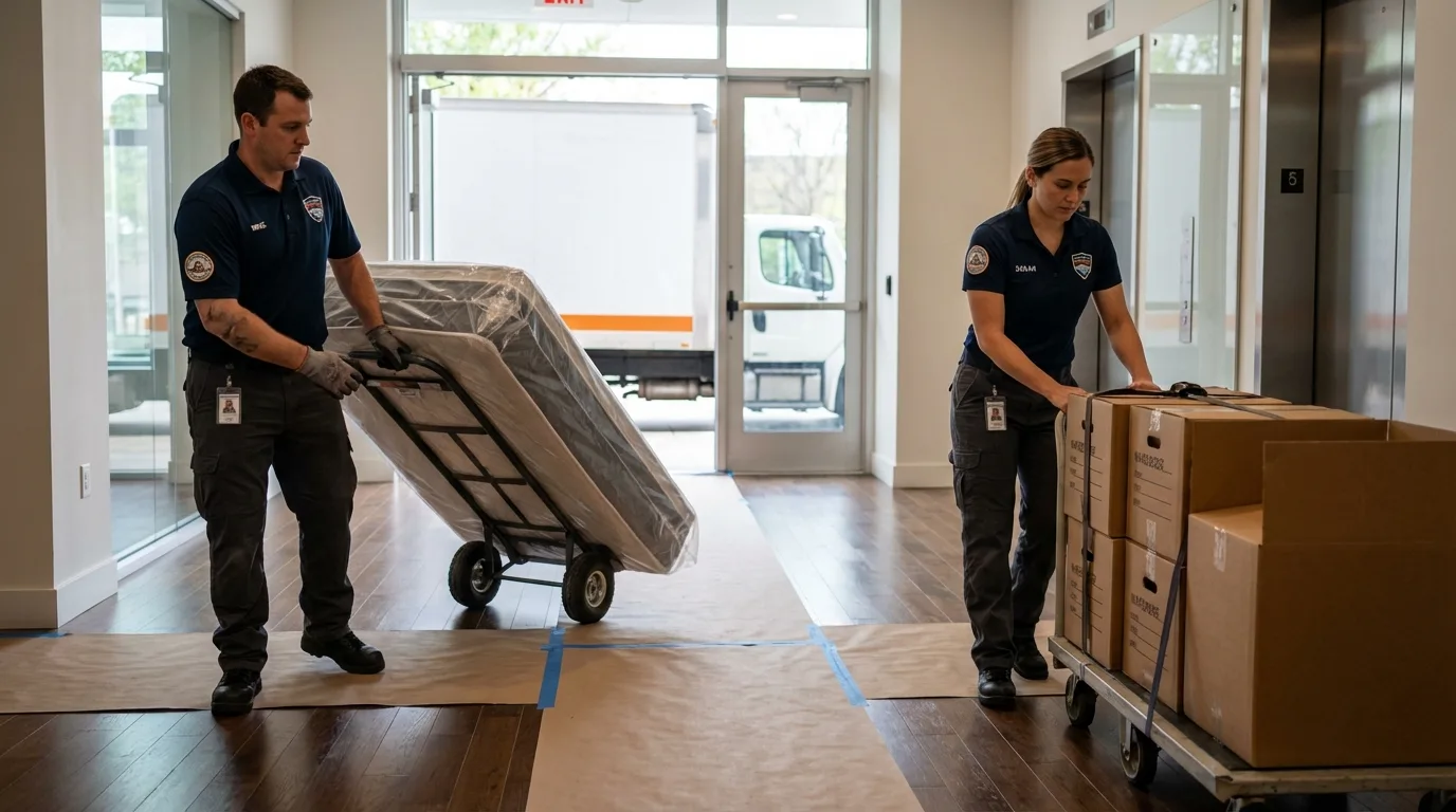 Professional apartment movers loading elevator in Coalville, UT