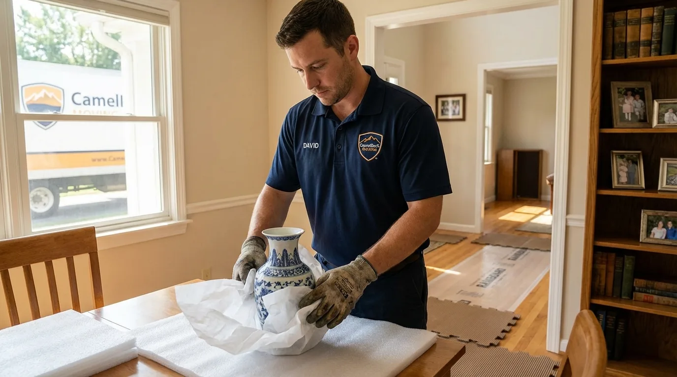 Professional crew carefully wrapping antique vase for senior downsizing move in Coalville, UT